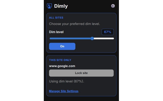 Dimly Chrome extension popup with dimming controls