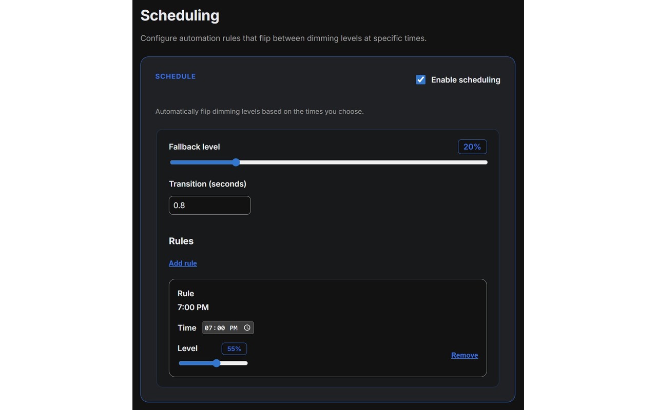 Dimly scheduling options screen showing time-based settings for automatically dimming webpages.