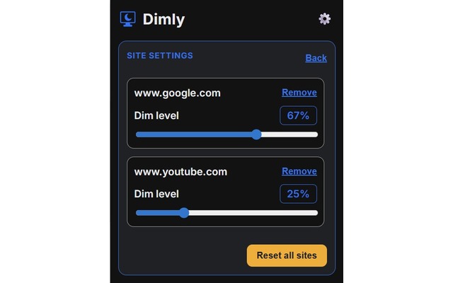Dimly site settings popup showing per-site controls for tuning dim behavior on a specific website.